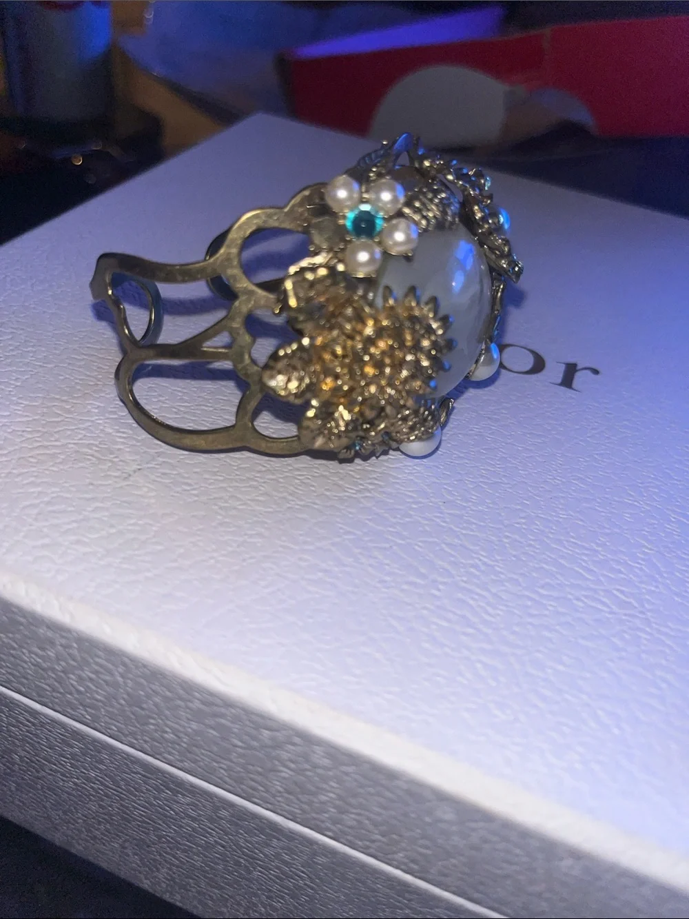 Vintage Gold Pearl like Floral Statement Bracelet